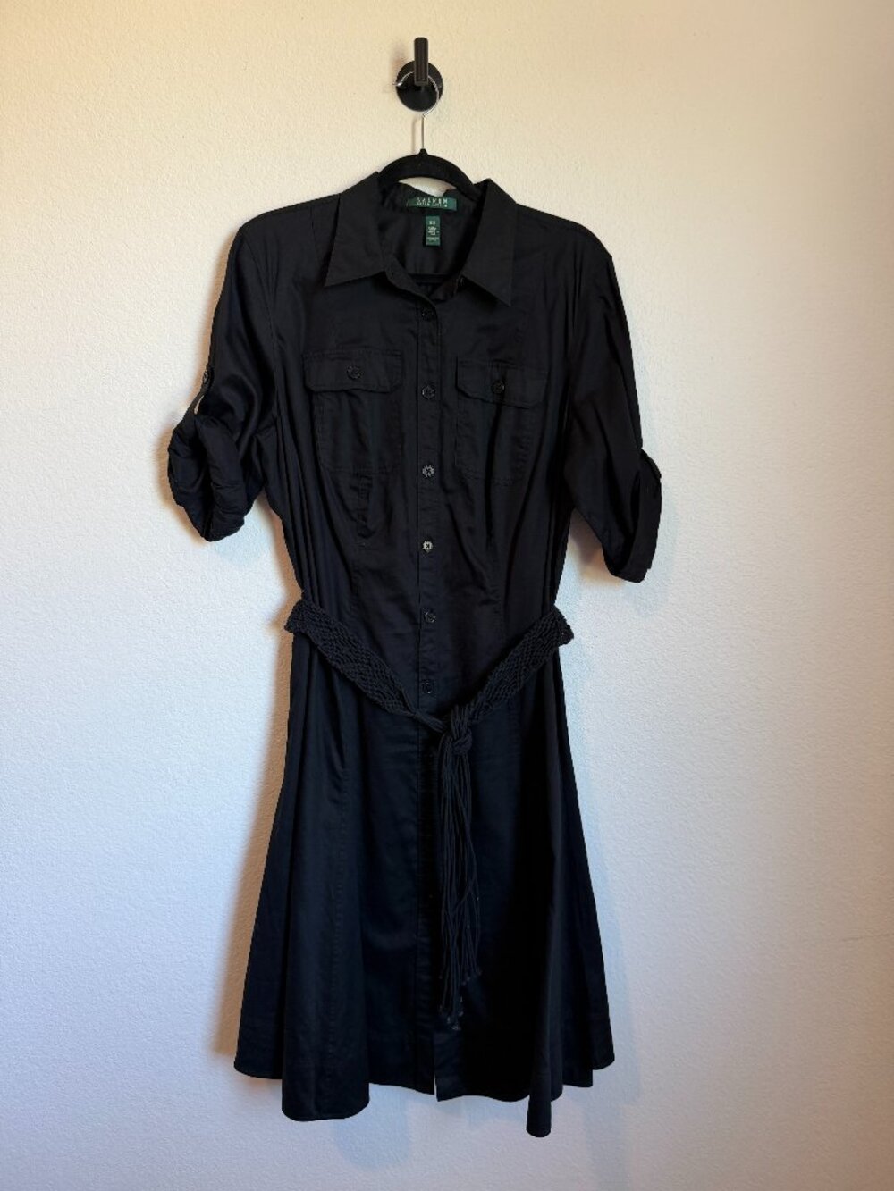 Lauren Ralph Lauren Black Cotton Shirt Dress 16W Utility Safari Midi Roll Tab Sl - Picture 2 of 7